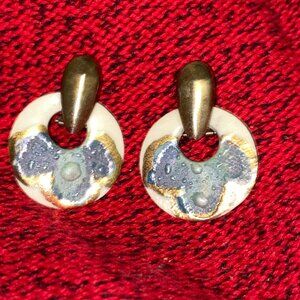 Artisan, Hand-Painted Vintage Ceramic & Metal Clip-On Earrings, Unmarked